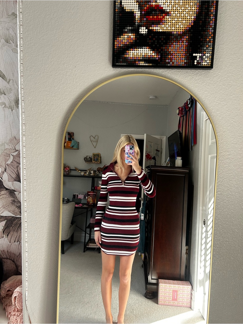 No Boundaries Burgundy, White & Black Striped Mini Dress